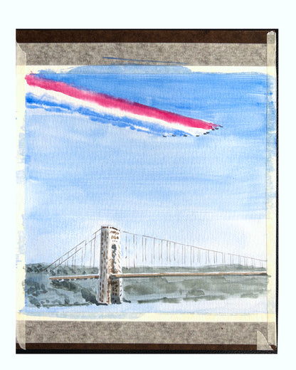 Flyover Hudson River, GWB, Patrouille de France, watercolor painting