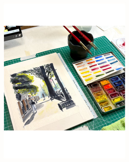 Fall Sun in the City, Uptown, NYC, watercolor painting