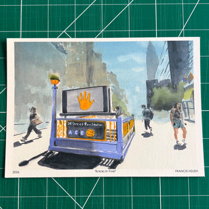Knicks in Five, 34th Street Station, New York Knicks, print, watercolor painting
