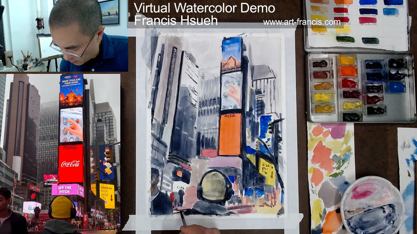 Blocking It All Out, Times Square, Headphones, watercolor painting