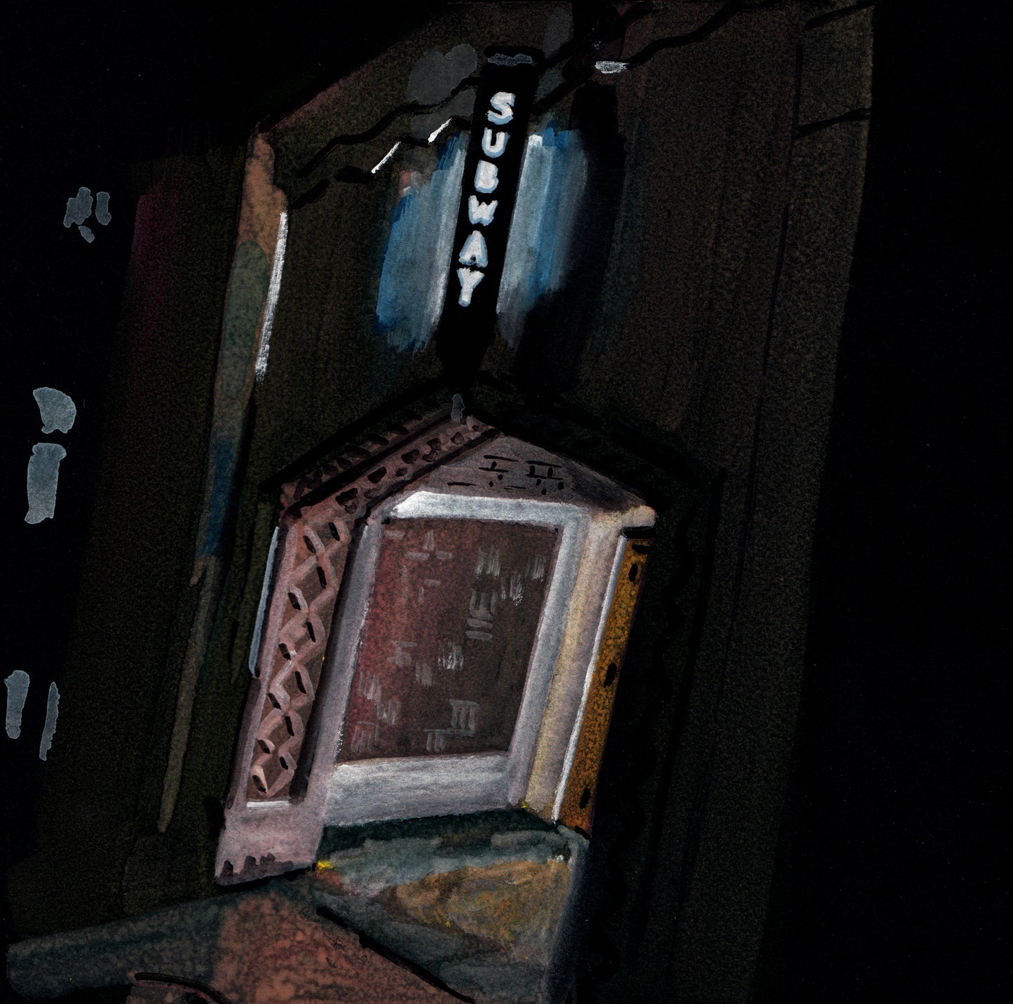 184th Subway Entrance at Night, Gouache on Black Paper, Original Painting