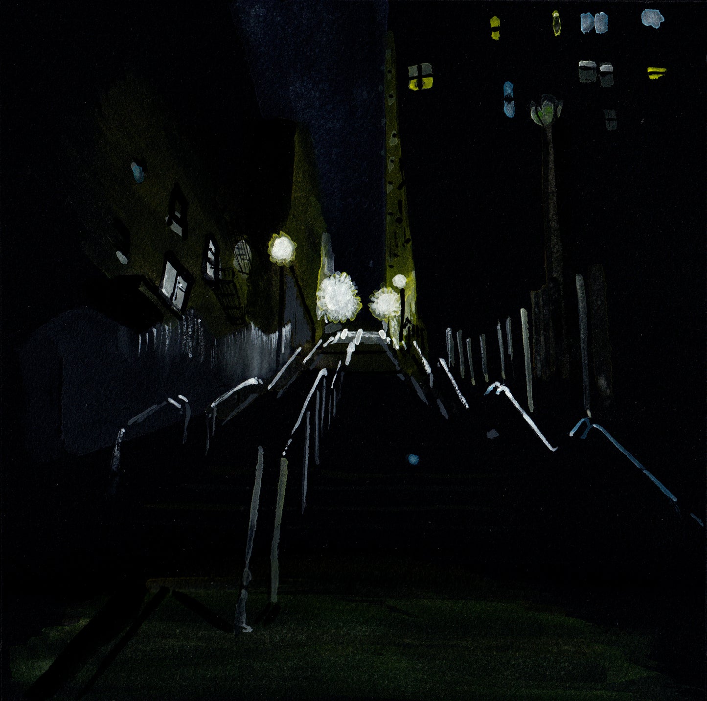 187th Street Stairs at Night, Gouache on Black Paper, Original Painting