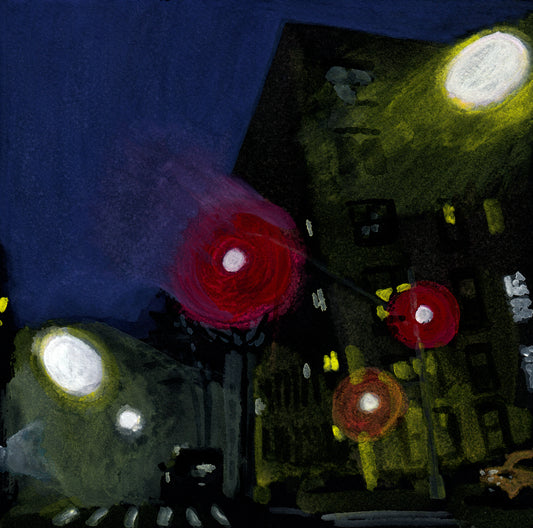 187th Street and Cabrini, Foggy Street Scene, Gouache on Black Paper, Original Painting