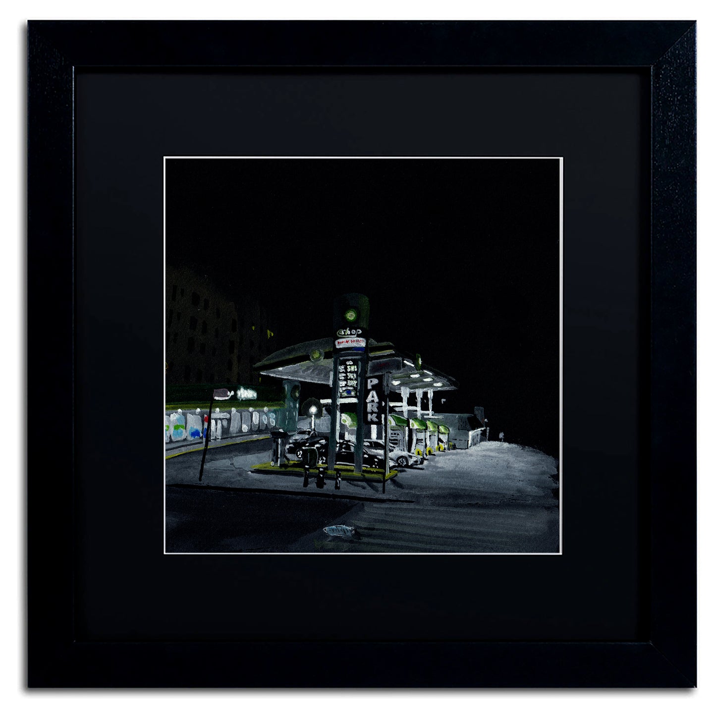 BP Gas Station at Night, Gouache on Black Paper, Original Painting
