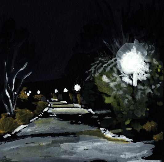 Fort Tryon Park Entrance, Night Scene, Path, Gouache on Black Paper, Original Painting