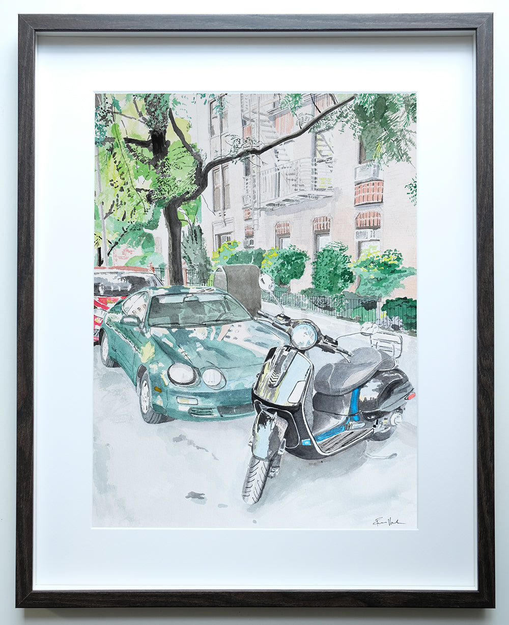 Vespa Scooter and Toyota Celica, Classic Car, Street Scene, Print