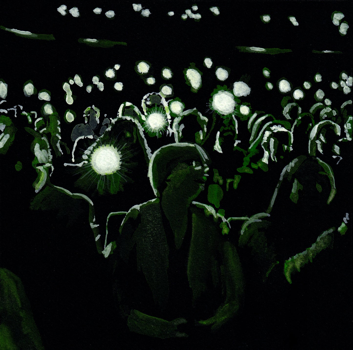 Lights in the Theater, Gouache on Black Paper, Audience, Original Painting