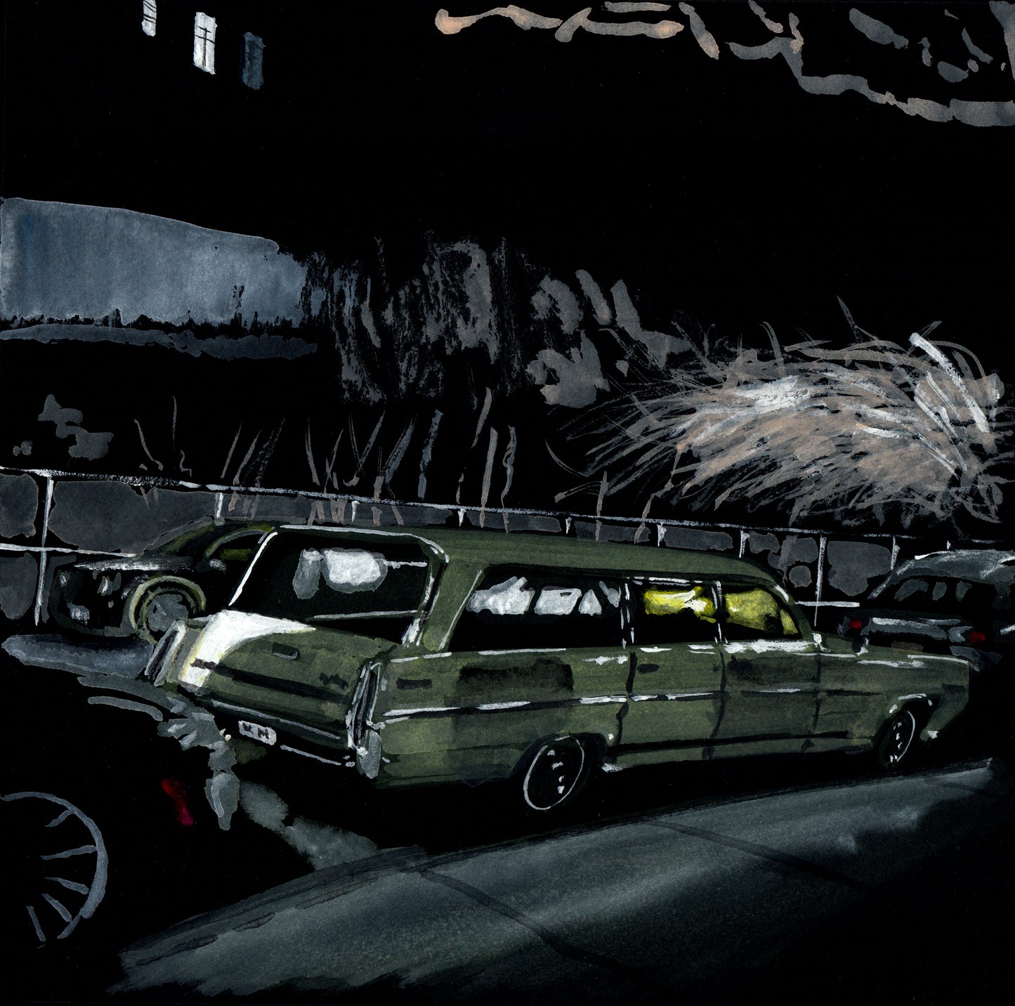 Pontiac Catalina, Street Scene, Classic Car, Gouache on Black Paper, Original Painting