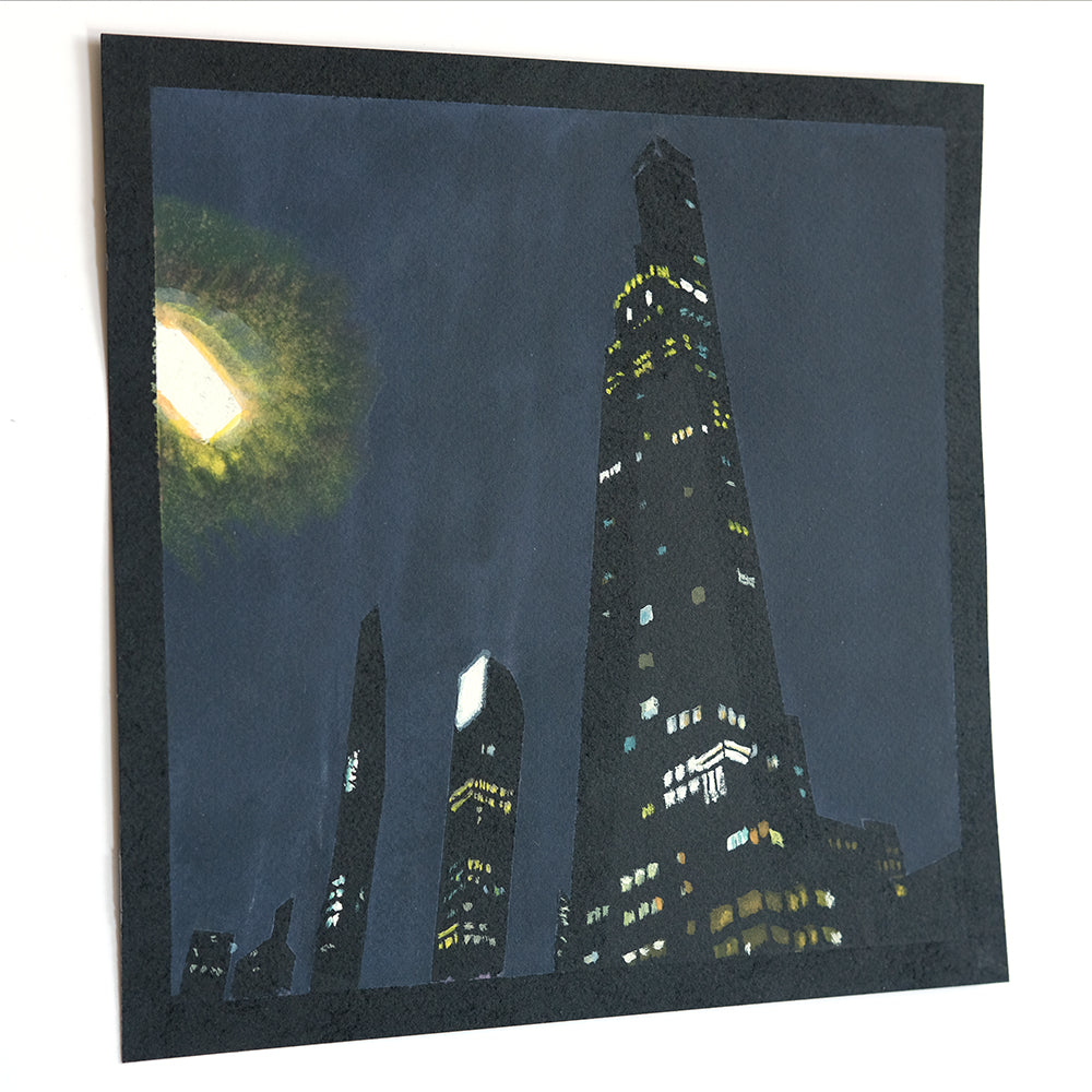 Pencil Towers on Central Park South, Gouache on Black Paper, Original Painting
