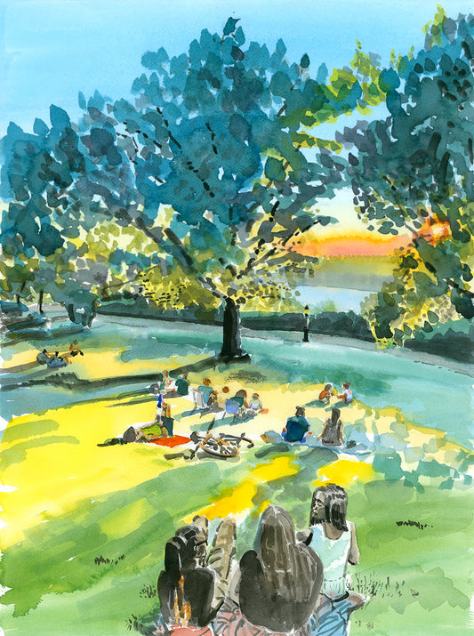 Billings Lawn 2, Fort Tryon, Watercolor, Hudson River, River Scene