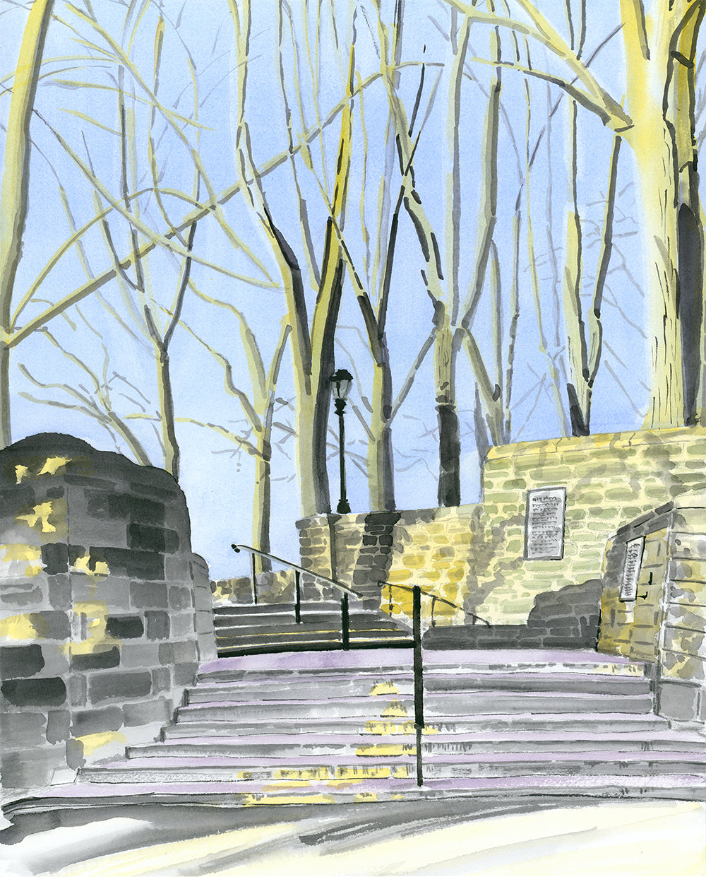Linden Terrace Stairs, Fort Tryon, Watercolor, Sunset
