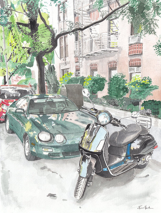 Vespa Scooter and Toyota Celica, Classic Car, Street Scene, Print