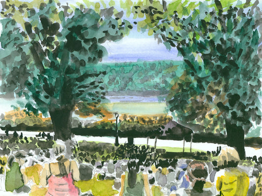 Crowd on Billings Lawn, Fort Tryon, Watercolor, Plein Air, Hudson River, River Scene