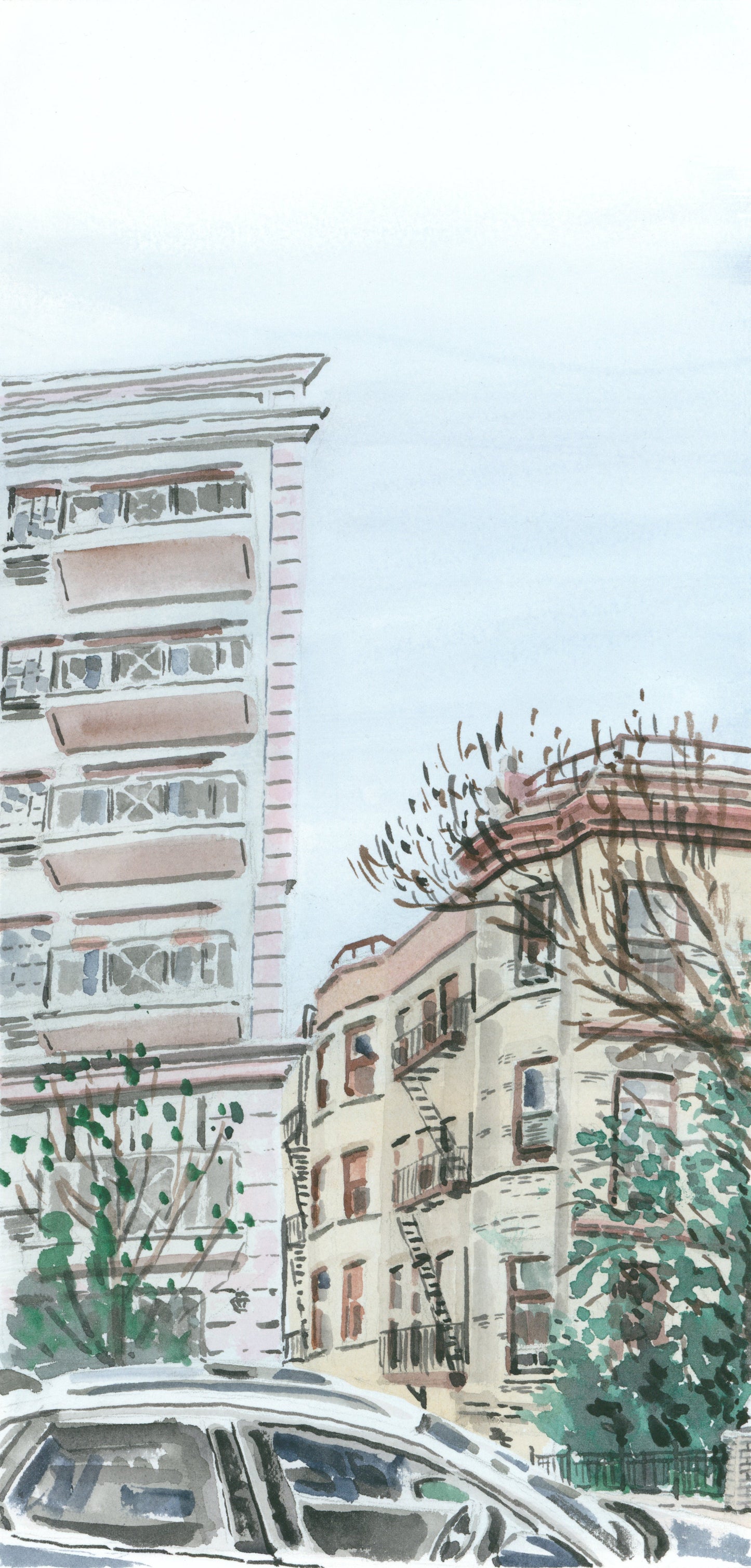 Two Buildings on Cabrini, Watercolor, Plein Air