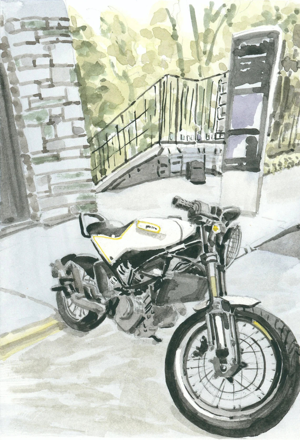 Husqvarna Motorcycle Painting, 5x7 Watercolor Print, Washington Heights, Classic Bikes